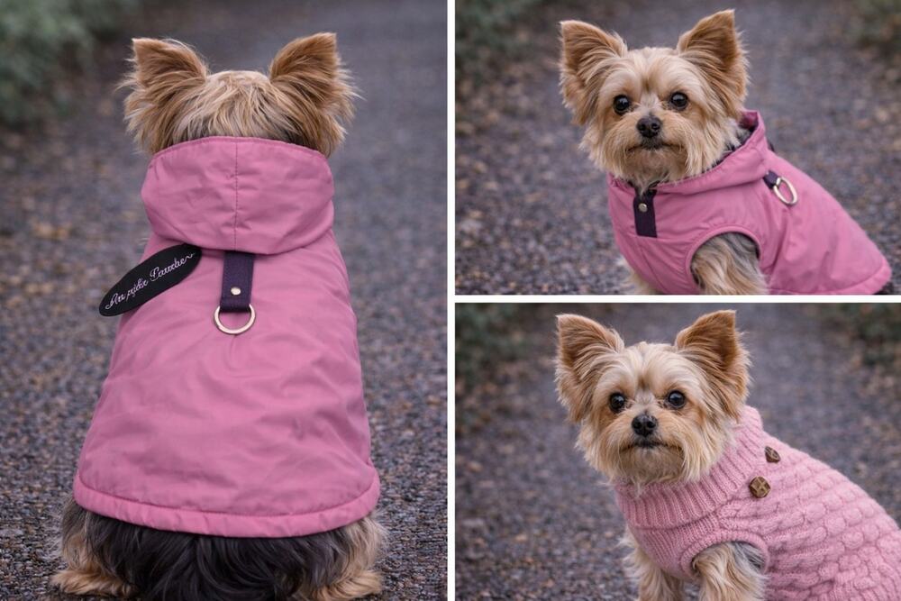 Lot Pink Small Dog Coat Set Quilted Rain Jacket with D Ring and Cable Knit